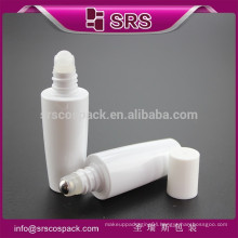 SRS free samples cone shape white plastic refillable roll on bottle, empty 15ml solid color small PET packaging with screw lids